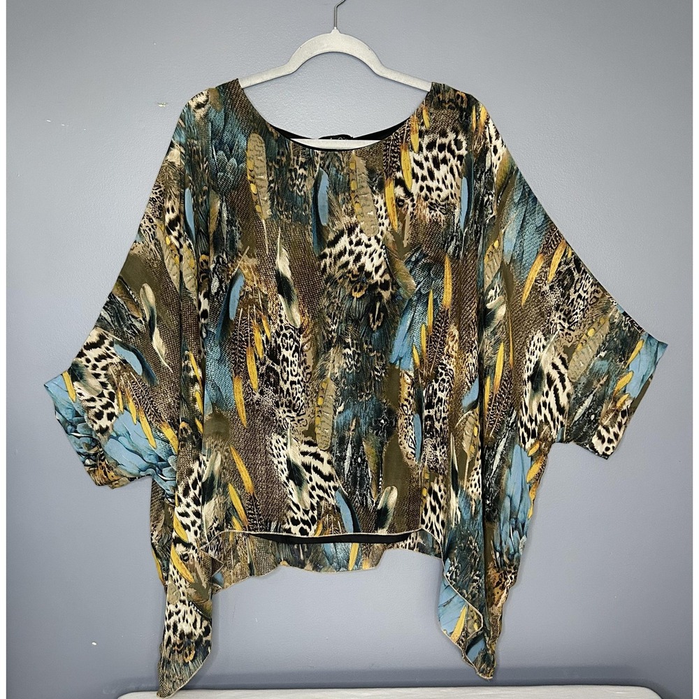 Melissa Paige Kimono Top Womens 1X Plus Multicolor Animal Feather Print Boho
